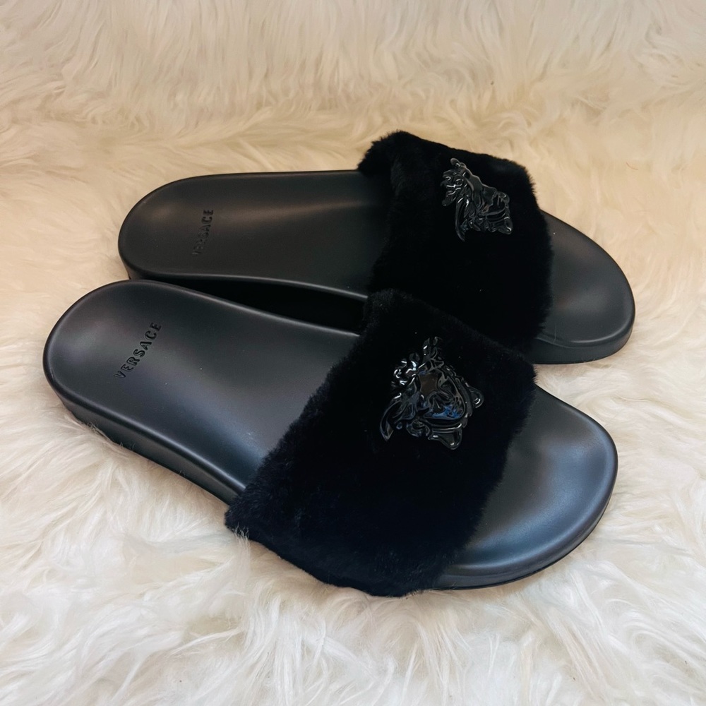 Versace Black Faux Fur Medusa Slide Sandals with Black Emblem